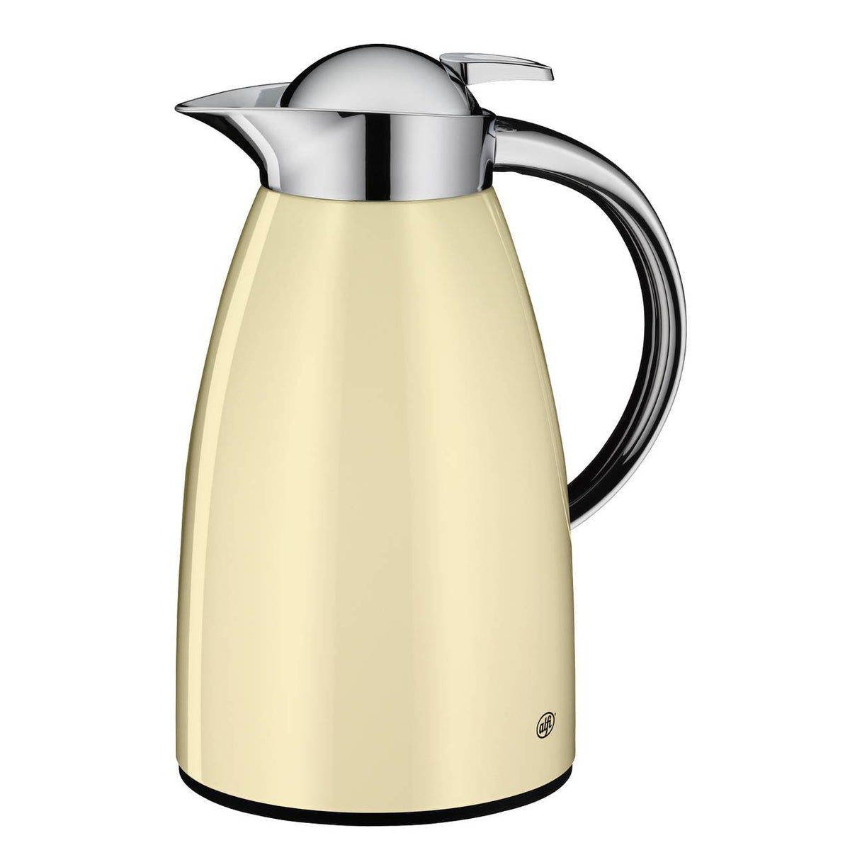 Das Bild zeigt eine cremefarbene, glänzende Thermoskanne mit einem silbernen Deckel und Griff. Die Kanne hat eine schlanke, elegante Form und wirkt modern und stilvoll.