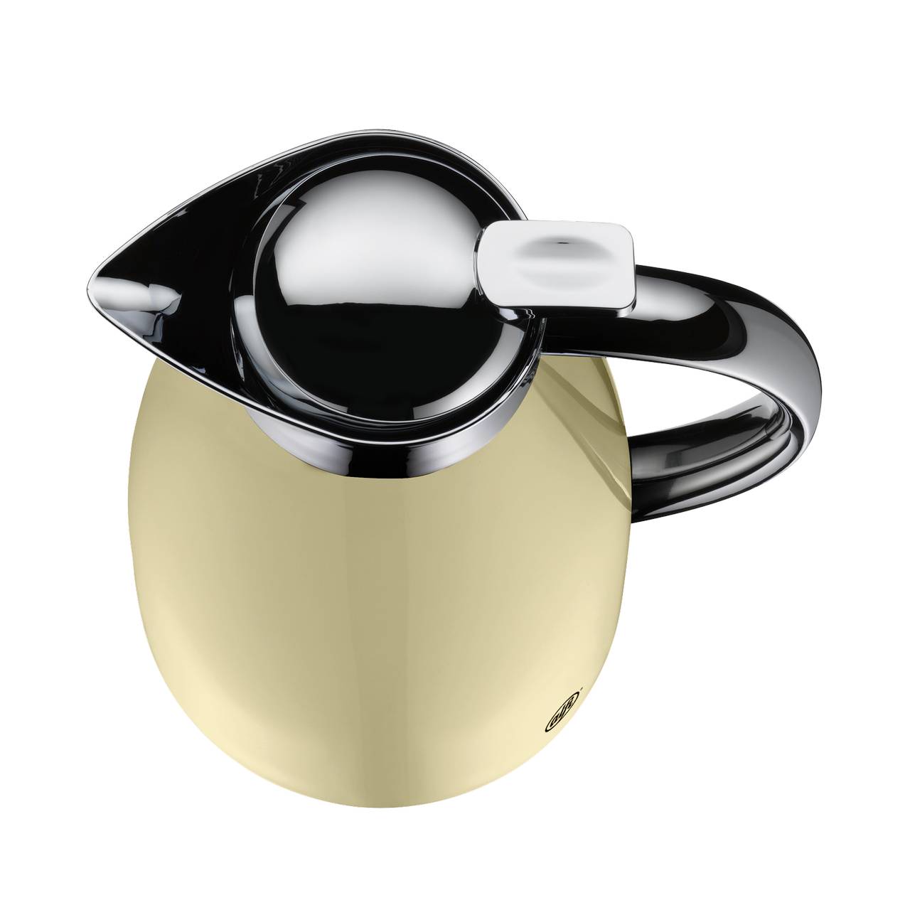 Ein cremefarbener Isolierkanne mit metallisch glänzendem Deckel und Griff ist von oben zu sehen. Der moderne und elegante Stil betont die Funktionalität der Kanne.