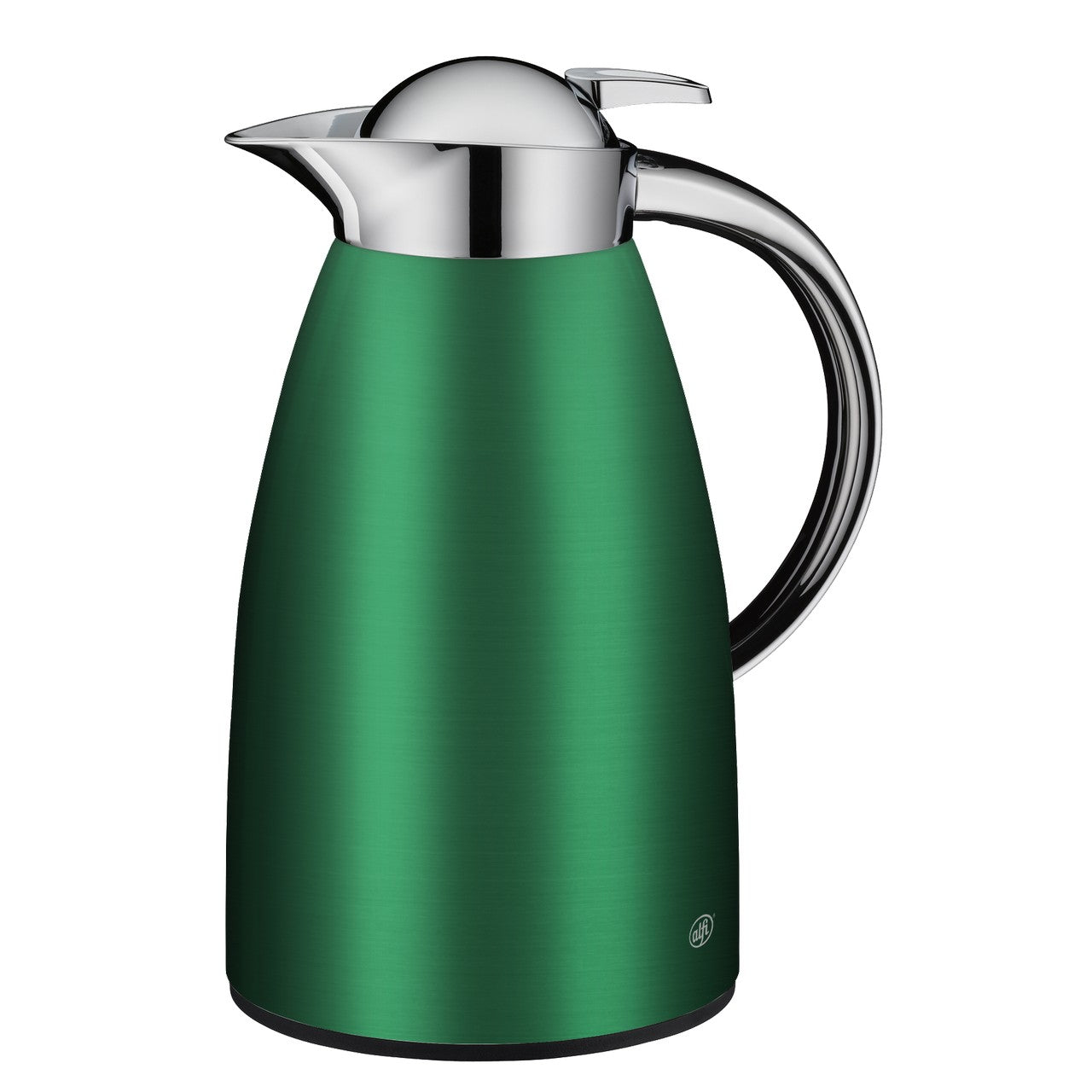 Das Bild zeigt eine elegante, grüne Thermoskanne mit einem glänzenden, silberfarbenen Deckel und Griff. Die Kanne hat eine moderne, bauchige Form und der Deckel hat einen Hebelmechanismus zum Ausgießen.