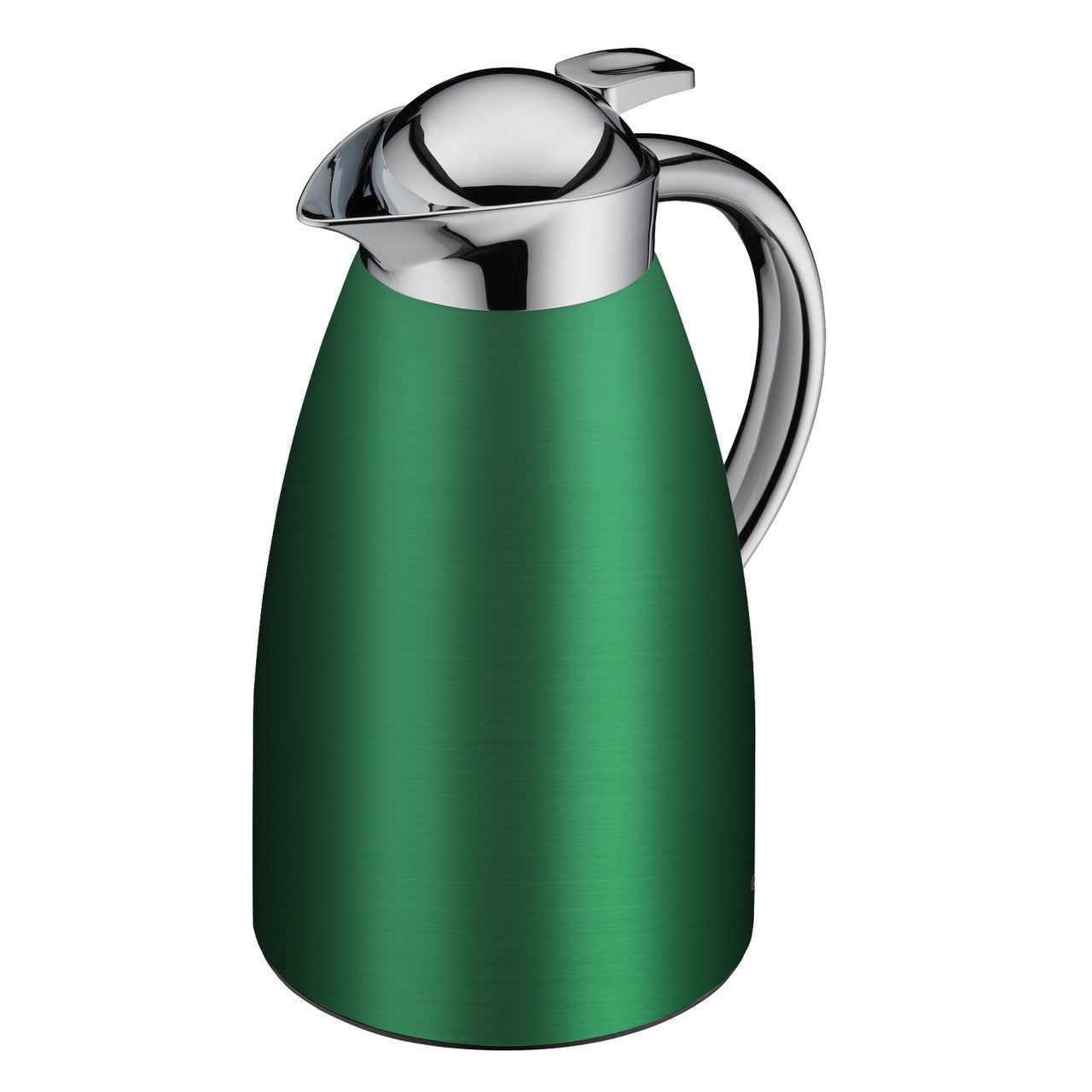 Das Bild zeigt eine grüne Thermoskanne mit einem silbernen Deckel und Griff. Der Korpus der Kanne ist glatt und läuft konisch zu. Der Deckel hat eine glänzende, polierte Oberfläche.