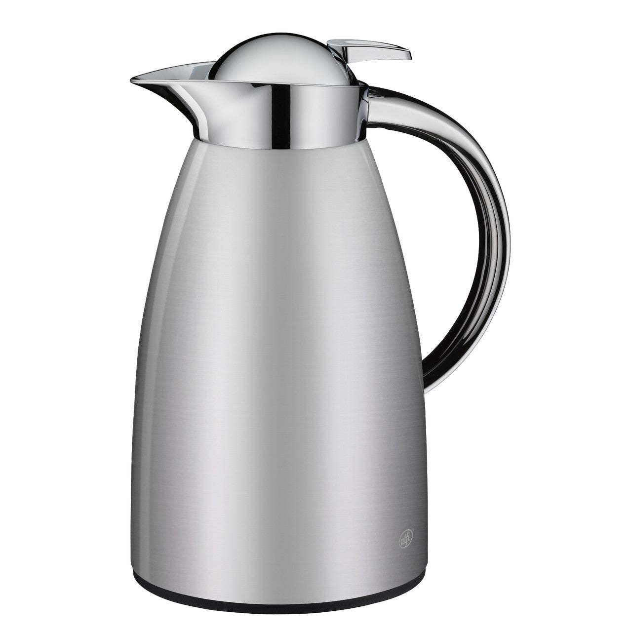 Auf dem Bild ist eine elegante, silberne Thermoskanne mit glänzender Oberfläche zu sehen. Sie hat einen geschwungenen Ausguss und einen ergonomisch geformten Griff.