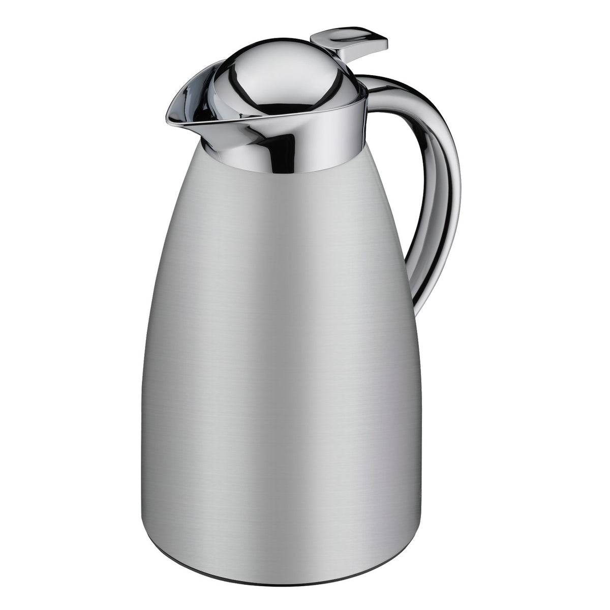 Auf dem Bild ist eine elegante silberne Thermoskanne mit einem glänzenden Chromdeckel und -griff zu sehen. Sie hat eine schlichte, konische Form und wirkt modern und stilvoll.
