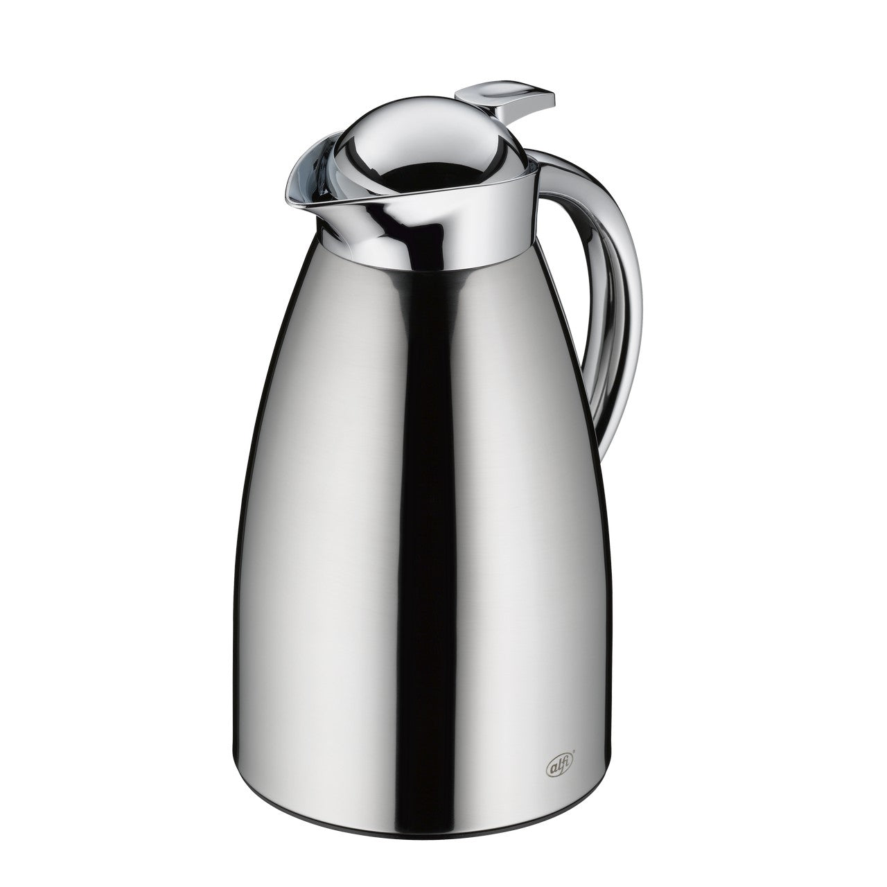 Das Bild zeigt eine glänzende, silberne Thermoskanne mit gebogenem Griff und abgerundetem Deckel. Die Kanne hat eine elegante, bauchige Form und besteht aus Metall.