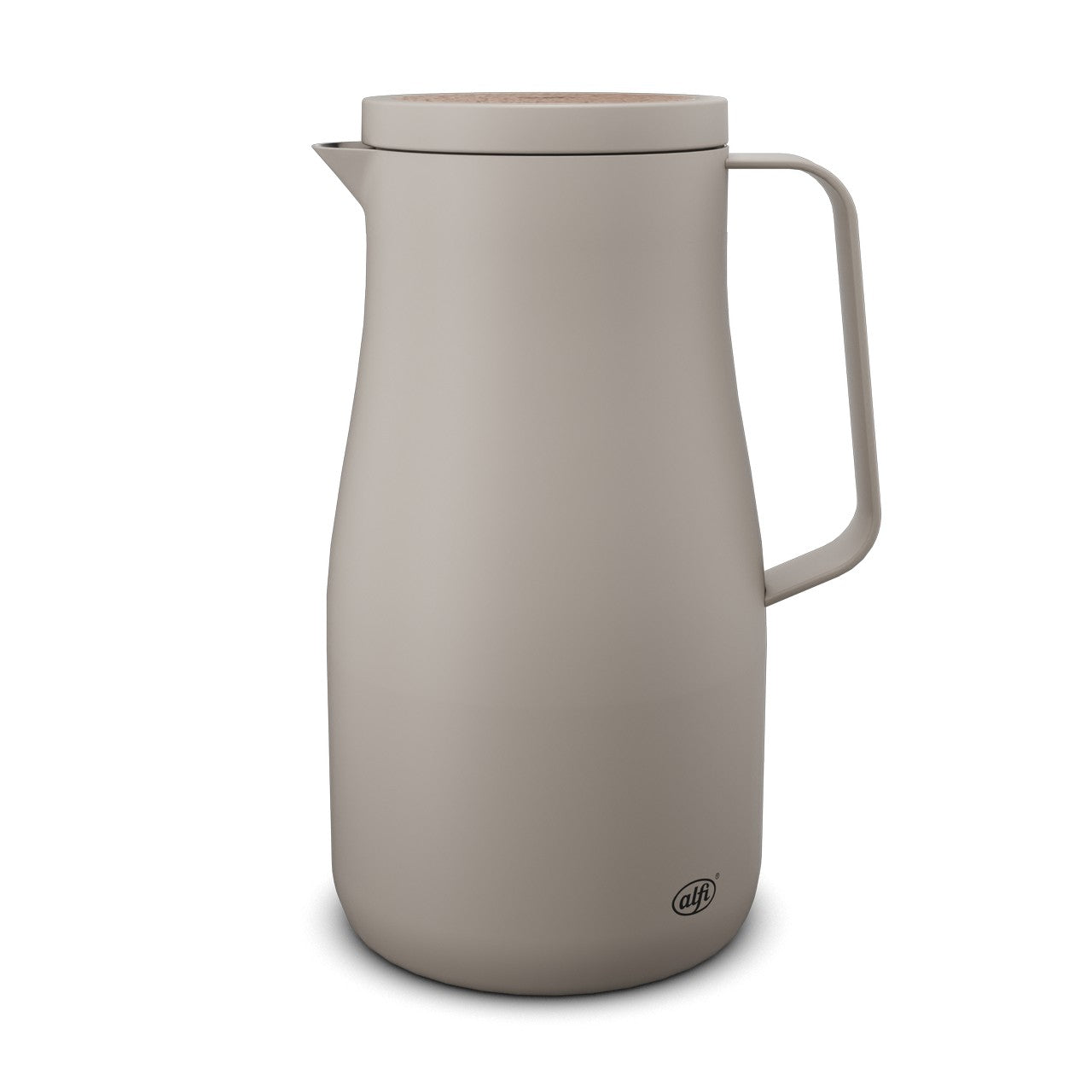 Die beigefarbene Thermoskanne hat ein modernes, schlichtes Design mit glatter Oberfläche. Sie besitzt einen schmalen Ausguss und einen seitlichen Griff. Unten ist das Logo der Marke "alfi" sichtbar.