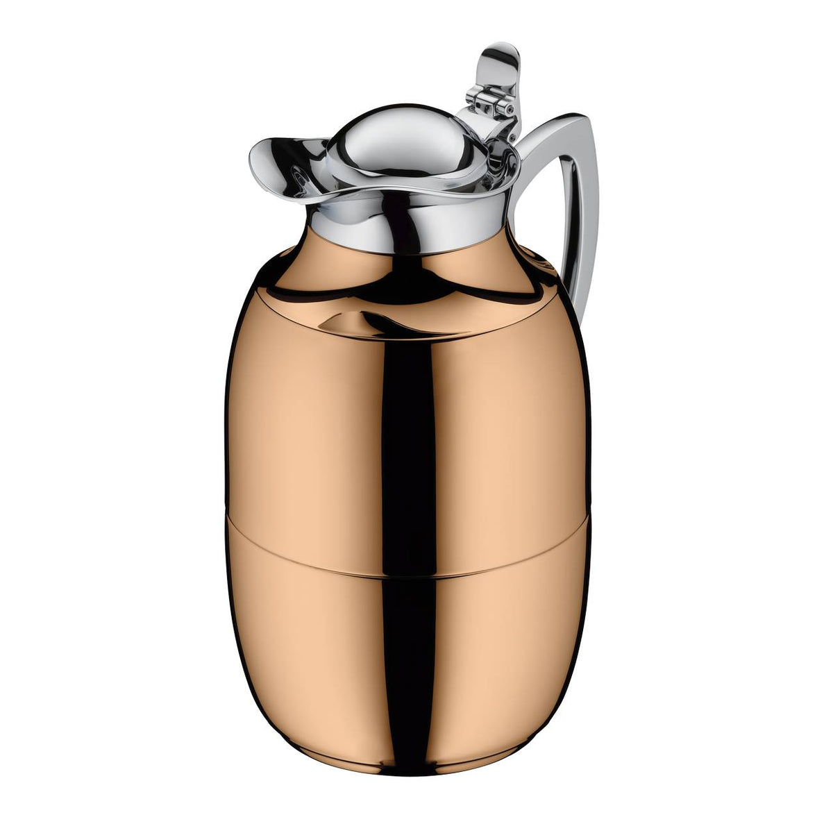 Auf dem Bild ist eine glänzende, kupferfarbene Thermoskanne mit einem silbernen Deckel und Griff abgebildet. Das Design wirkt modern und elegant.