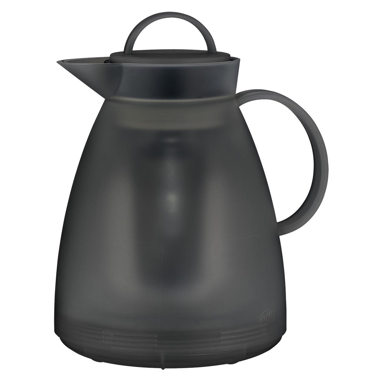 Das Bild zeigt eine schwarze Thermoskanne mit einem großen Henkel und einem abnehmbaren Deckel. Die Kanne hat eine glatte, matte Oberfläche und eine bauchige Form. Sie wirkt funktional und modern im Design.