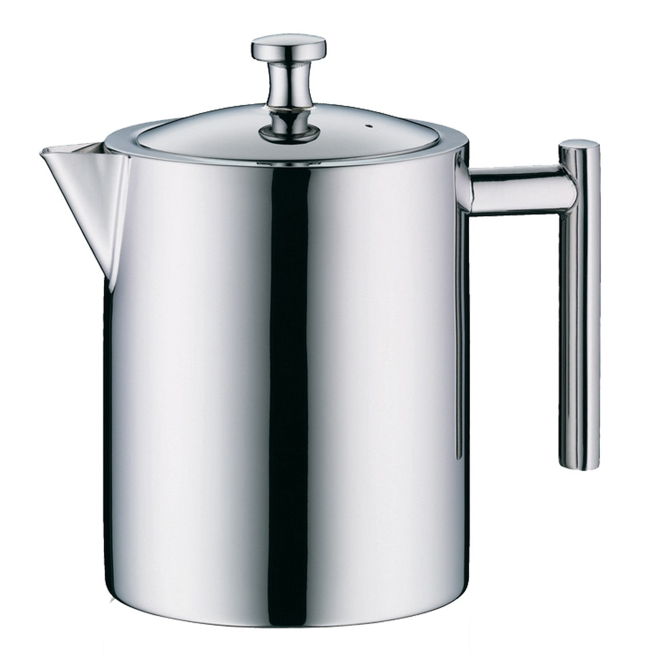 Das Bild zeigt eine glänzende, zylindrische Edelstahl-Kaffeekanne mit einem Griff und einem Deckel. Der Ausguss ist klein und befindet sich auf der linken Seite. Der Griff ist gerade und modern gestaltet.