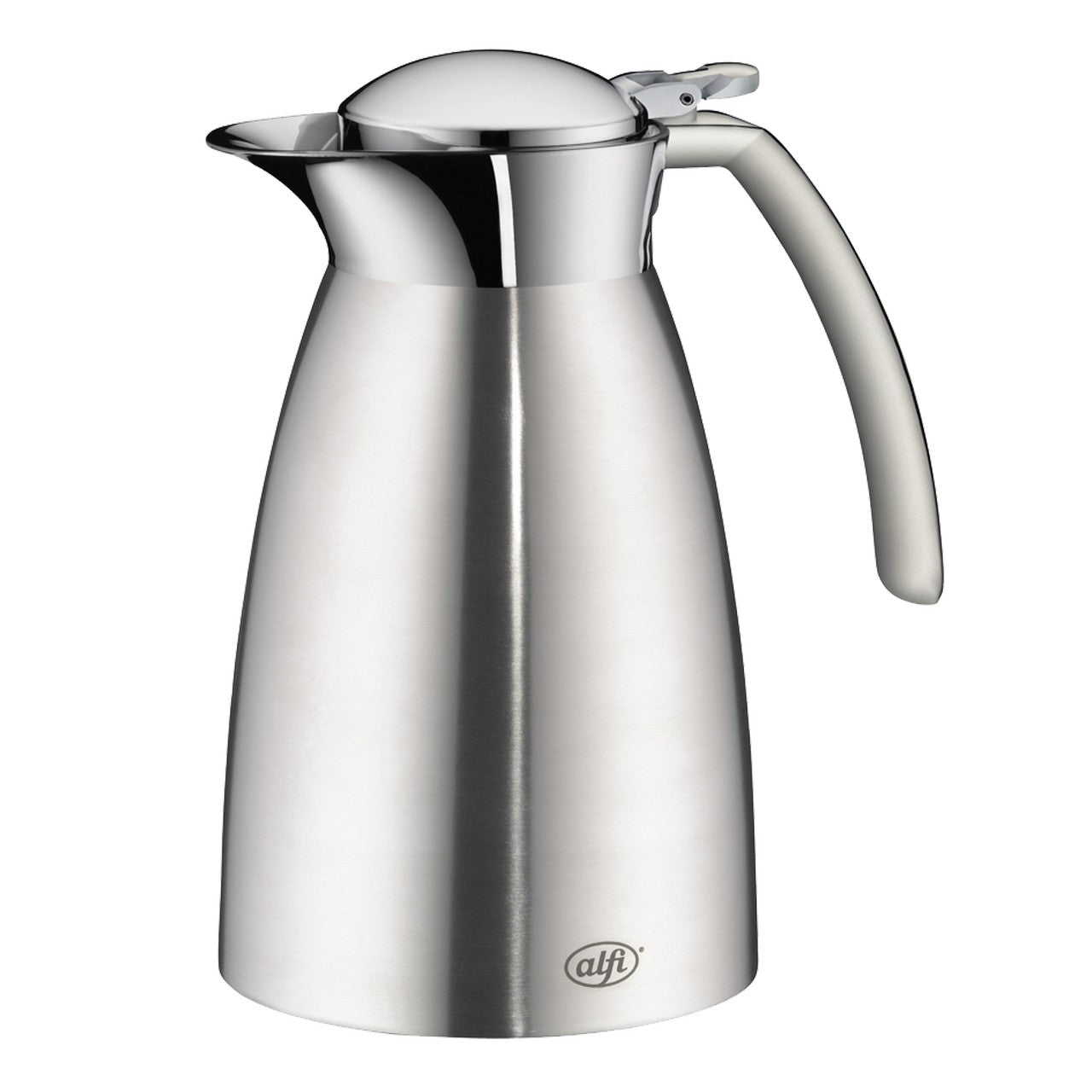 Auf dem Bild ist eine metallene Thermoskanne in einem modernen Design zu sehen. Sie hat einen bauchigen Körper, einen schmalen Ausguss und einen geschwungenen Henkel. Die Oberfläche ist glänzend und reflektiert das Licht.