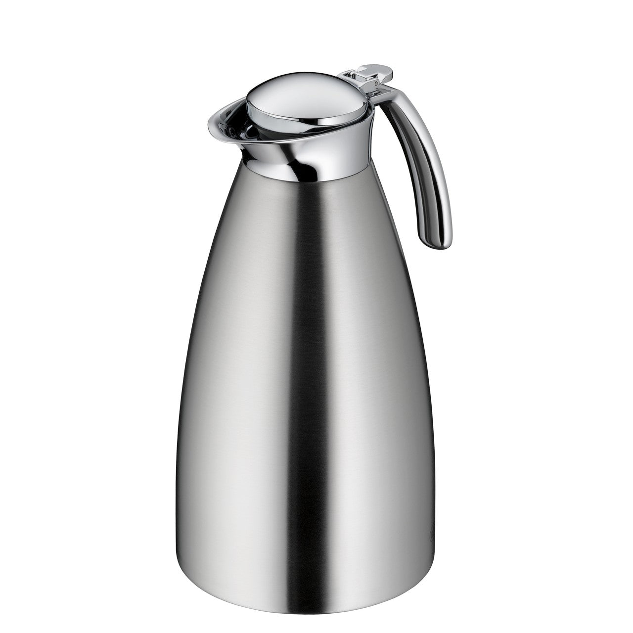 Das Bild zeigt eine glänzende Edelstahl-Thermoskanne mit einem eleganten, bauchigen Design. Sie hat einen integrierten Griff und einen Deckel zum Ausgießen von Flüssigkeiten.