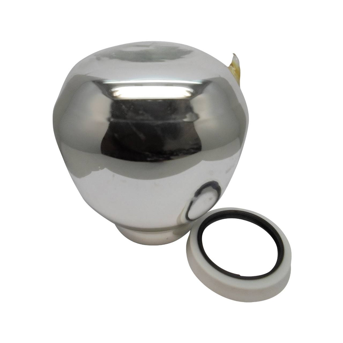 Das Bild zeigt einen metallisch glänzenden, kugelförmigen Gegenstand. Neben dem Objekt liegt ein abnehmbarer Ring. Dies lässt auf einen Verschlussmechanismus schließen.