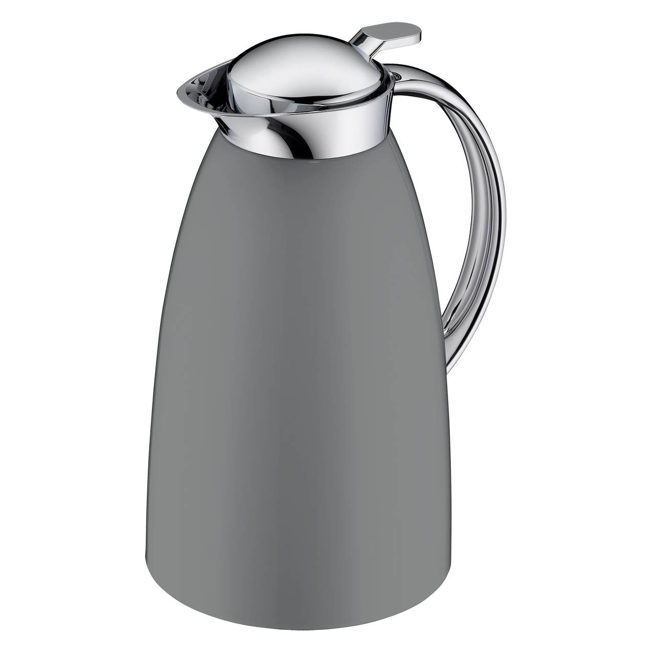 Das Bild zeigt eine silberne Thermoskanne mit einem glatten, modernen Design. Sie hat einen gebogenen Griff und einen Deckel mit einem Ausguss zum Eingießen. Die Kanne wirkt robust und funktional.