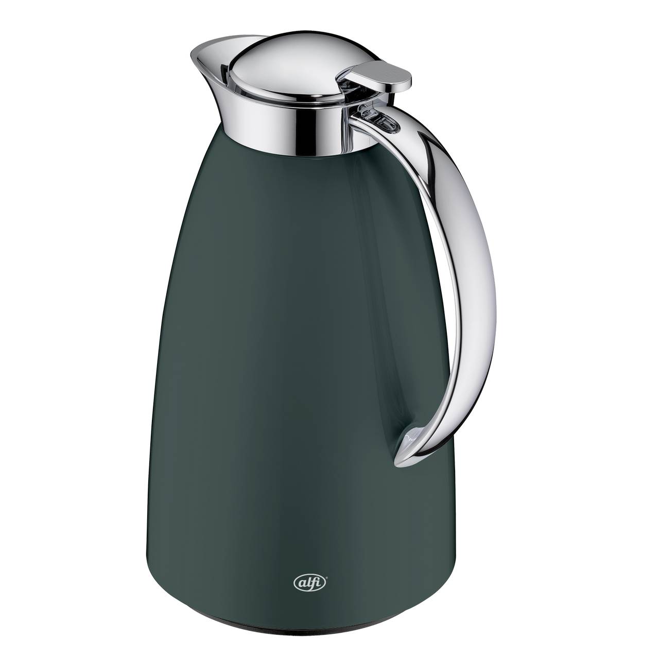 Das Bild zeigt eine elegante Thermoskanne mit einem modernen Design, das eine dunkle, matte Oberfläche hat. Der Deckel und der schmale Griff sind aus glänzendem Metall. Am unteren Teil der Kanne ist ein kleines Logo zu sehen.