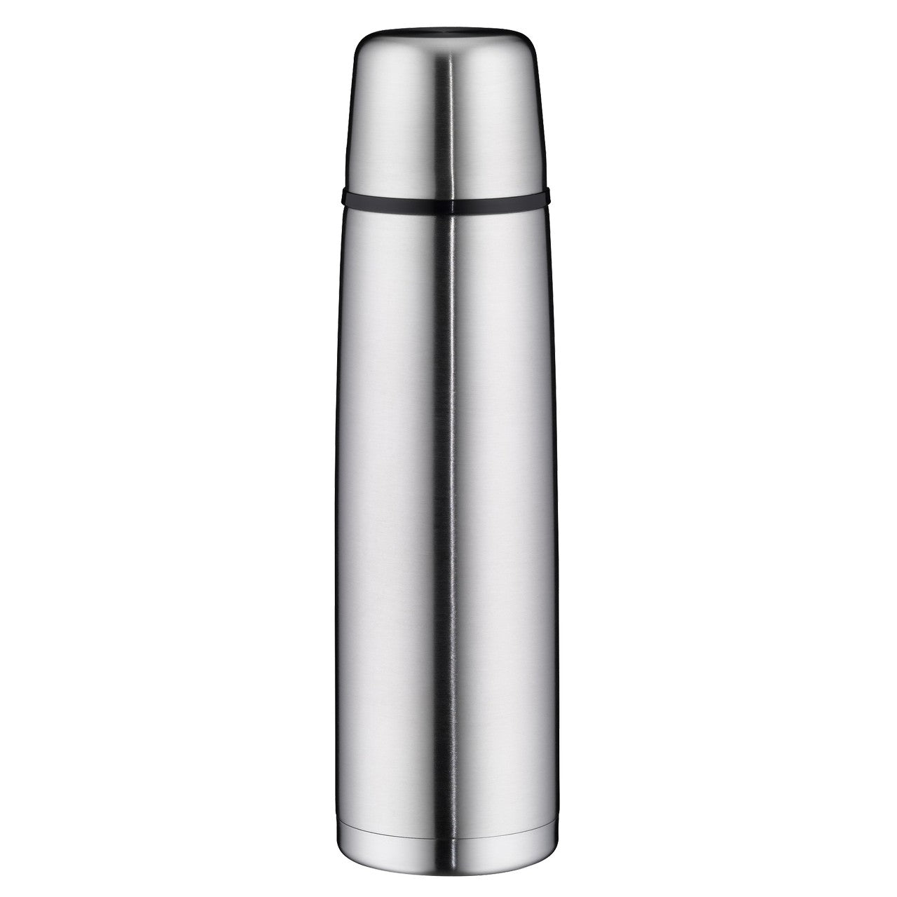 Das Bild zeigt eine silberne Thermosflasche mit einem schlichten, zylindrischen Design. Die Flasche hat einen glänzenden Metallkörper und einen Deckel, der auch als Becher genutzt werden kann.