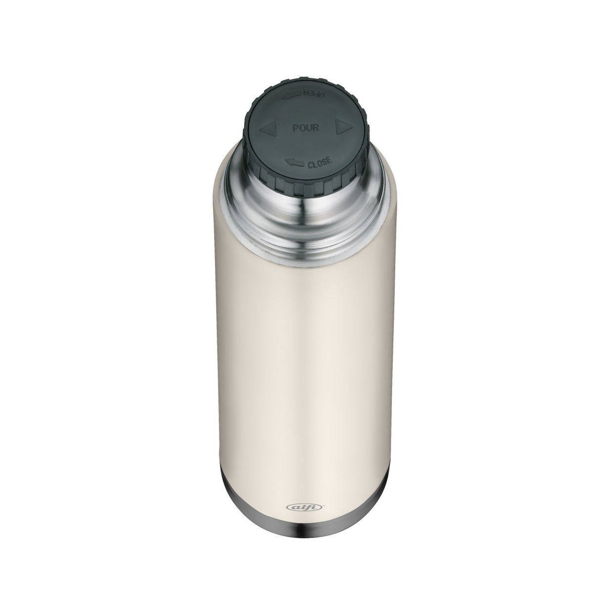 Das Bild zeigt eine silberne Thermosflasche mit einem schwarzen Deckel. Die Flasche hat eine zylinderförmige Form und einen glänzenden Metallkörper. Der Deckel scheint aus Kunststoff zu sein und ist fest aufgeschraubt.