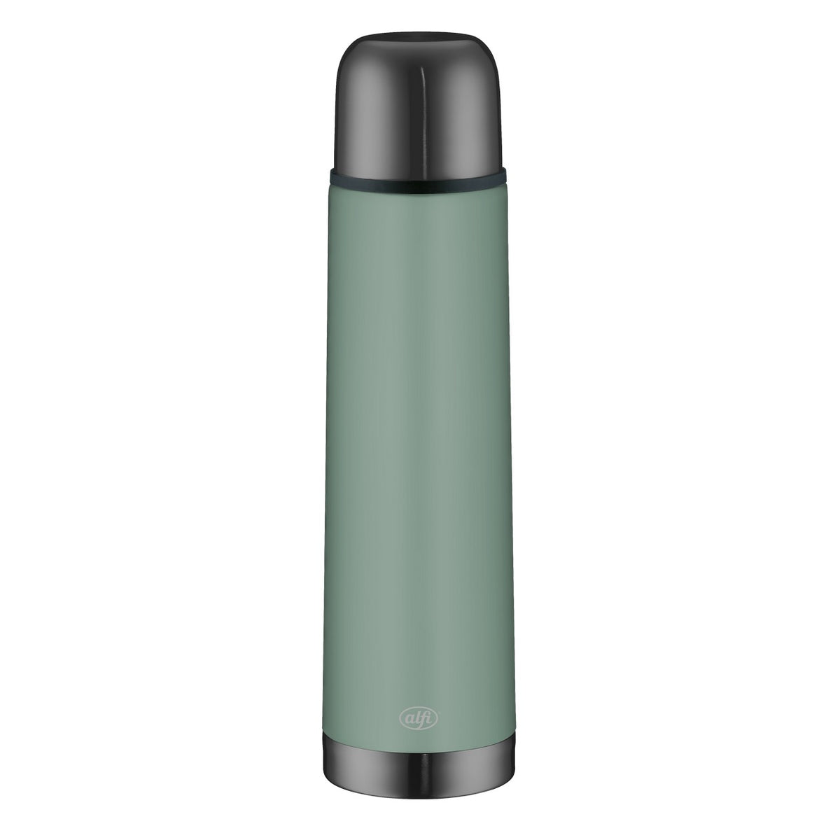 Auf dem Bild ist eine schlanke Isolierflasche in einem hellen Grünton zu sehen. Der Deckel sowie der Flaschenboden sind in einem dunkleren, metallischen Farbton gehalten. Die Flasche hat ein schlichtes, zylindrisches Design.