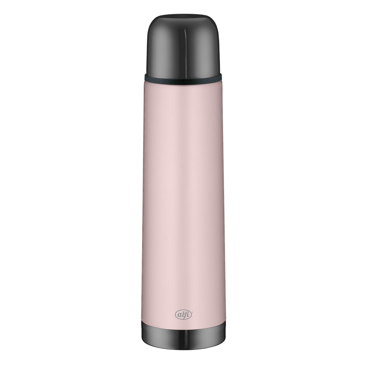 Das Bild zeigt eine rosafarbene Thermosflasche mit einem dunklen Deckel. Sie ist schlank, zylindrisch geformt und steht aufrecht auf einem weißen Hintergrund.