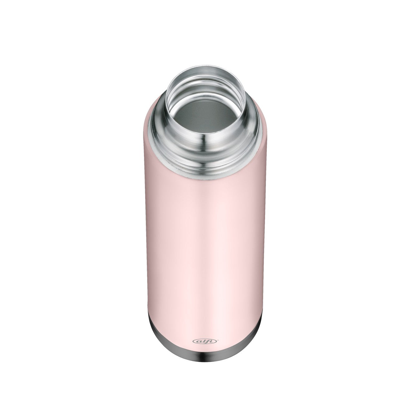 Das Bild zeigt eine rosafarbene Thermoskanne mit silbernem Deckel und Boden. Die Kanne steht vertikal, und der Deckel hat einen kleinen Druckknopf oder Ausguss an der Oberseite. Die Oberfläche der Kanne ist glatt und glänzend.