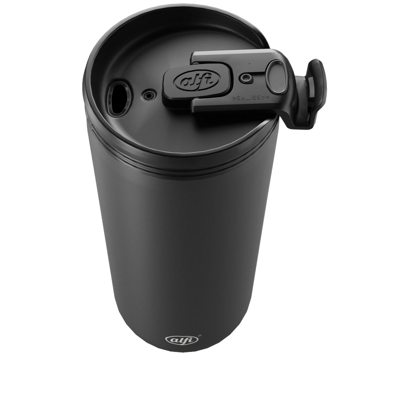 Das Bild zeigt einen schwarzen Thermobecher mit einem aufklappbaren Deckel. Der Becher hat eine schlanke, zylindrische Form und der Deckel ist so gestaltet, dass er das Trinken unterwegs erleichtert.