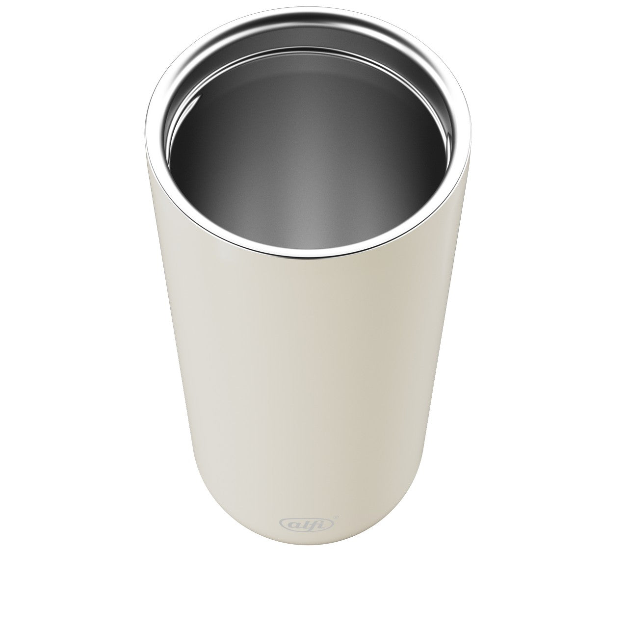 Das Bild zeigt einen hellen, zylindrischen Becher mit einer glänzenden, metallischen Innenfläche. Der Becher hat keine Griffe und steht vor einem weißen Hintergrund.