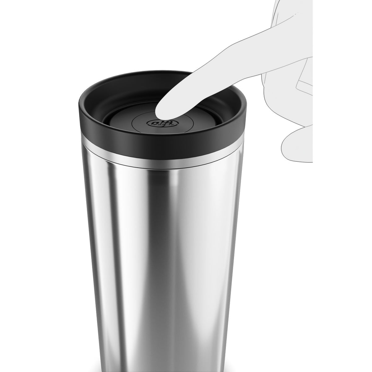 Ein silberner Thermobecher mit schwarzem Deckel ist abgebildet. Eine stilisierte Hand drückt auf einen Knopf in der Mitte des Deckels.