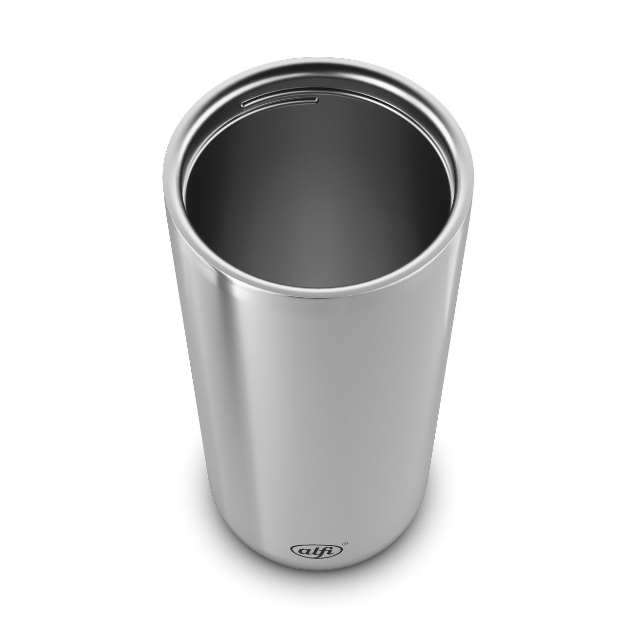 Das Bild zeigt einen silbernen Thermobecher aus Edelstahl. Er ist zylindrisch mit einem einfachen, glatten Design und dem Logo "alfi" am unteren Rand. Der Becher ist von oben zu sehen, was die Öffnung und das glatte Innere zeigt.