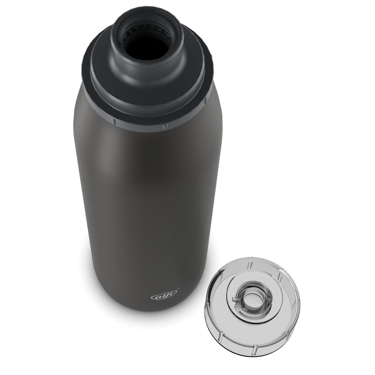 Das Bild zeigt eine schwarze Thermosflasche mit offenem Deckel. Neben der Flasche liegt der abgeschraubte Deckel. Die Flasche ist aus Metall und hat eine schlichte, glatte Oberfläche.