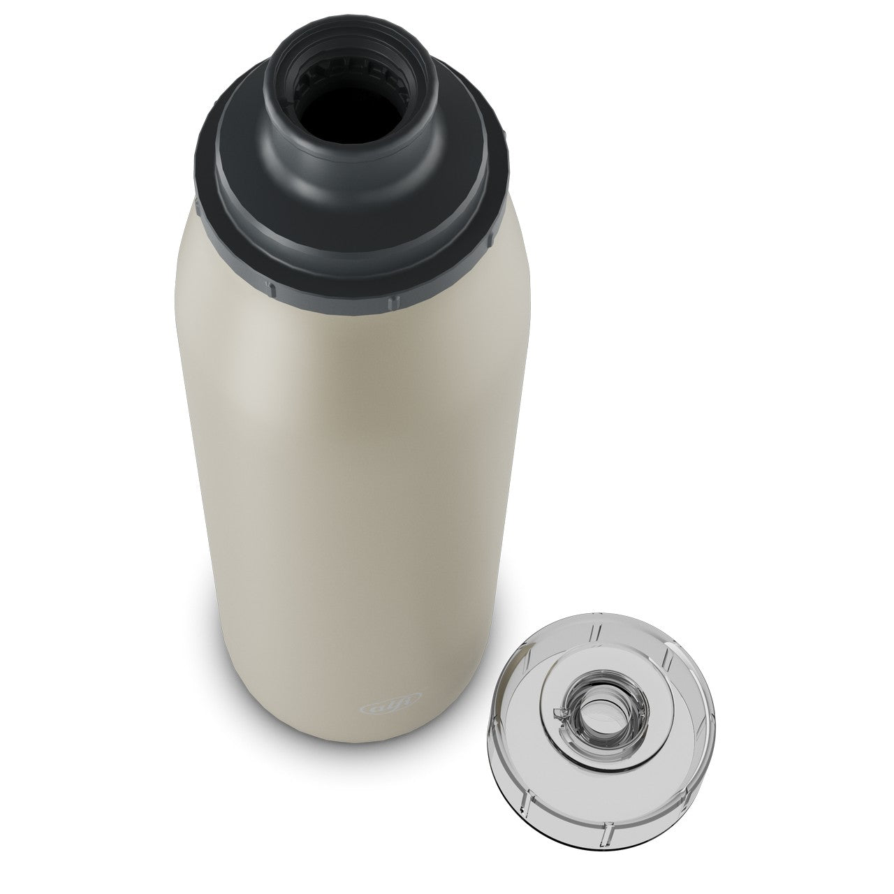 Auf dem Bild ist eine beige Thermosflasche zu sehen, die aufrecht steht. Daneben liegt der abgenommene Deckel, der gleichzeitig als Trinkbecher dient. Beide Teile haben schwarze Akzente.