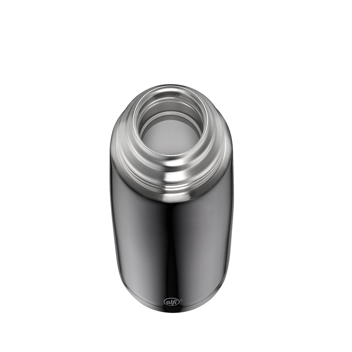 Das Bild zeigt eine Edelstahl-Thermosflasche, die von oben abgebildet ist. Die Flasche hat eine glänzende Oberfläche und eine weite Öffnung.