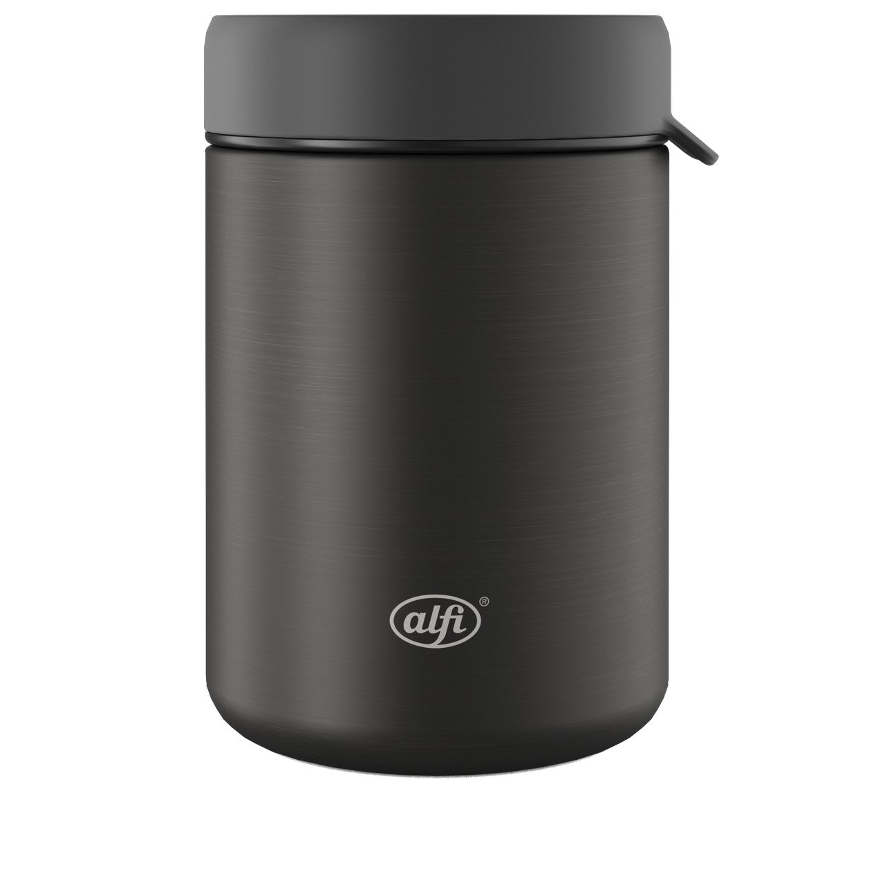 Das Bild zeigt einen schwarzen Thermobehälter mit einem glatten, zylindrischen Design. Der Deckel ist grau und der Behälter hat ein kleines Logo der Marke "alfi" in Weiß auf der Vorderseite.