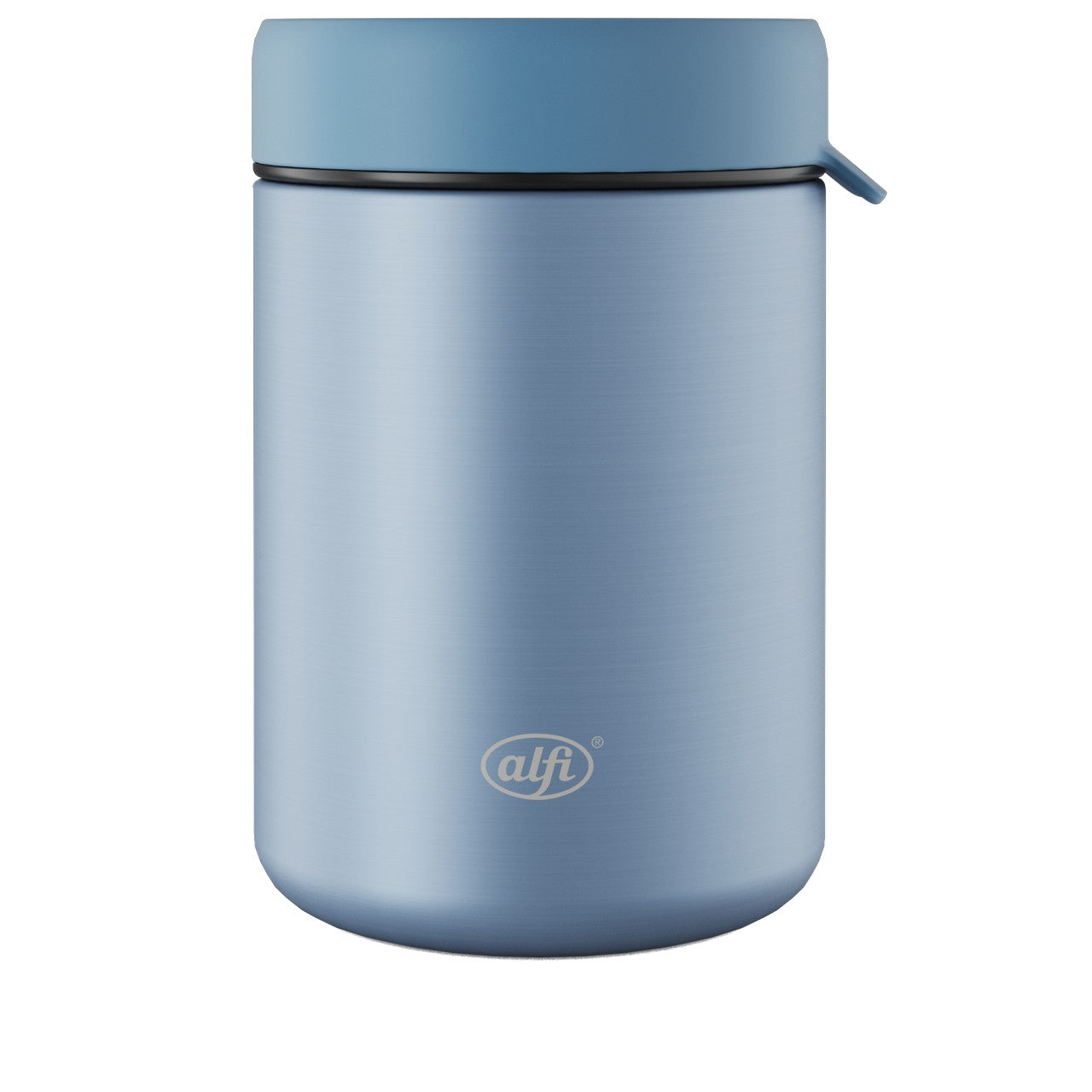 Auf dem Bild ist eine hellblaue, zylindrische Thermoskanne mit einem Deckel und der Marke "alfi" zu sehen. Der Behälter ist glatt, hat ein minimalistisches Design und einen kleinen Griff am Deckel.