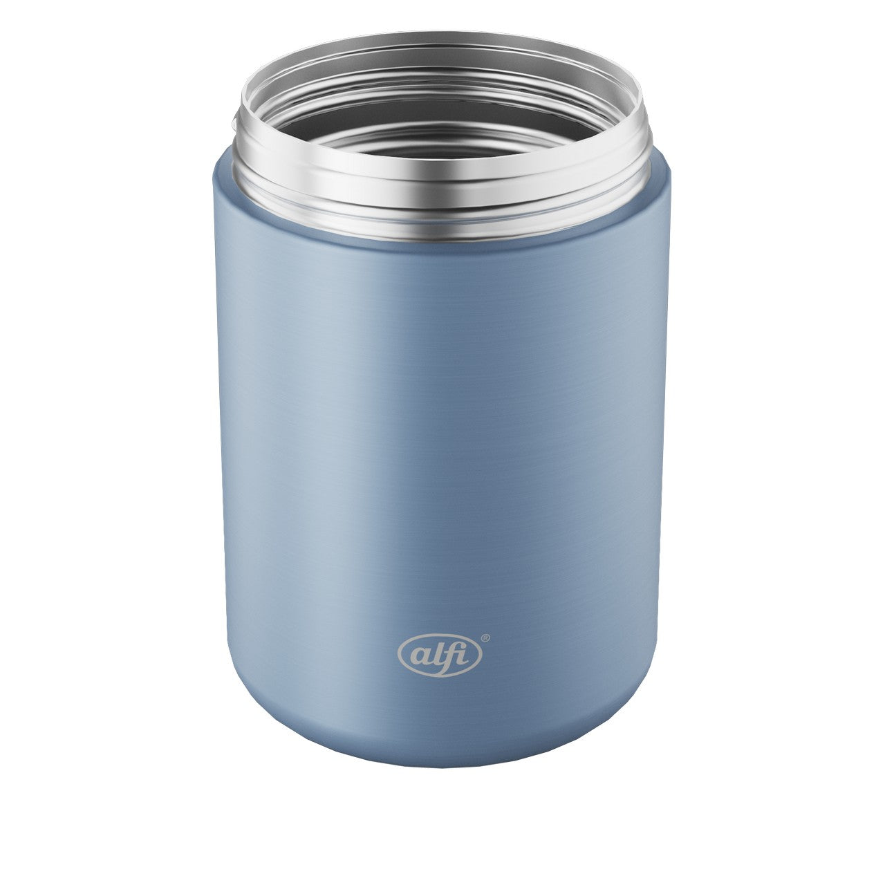 Das Bild zeigt einen blau-grauen Thermobehälter mit einem glänzenden, silbernen Rand oben. Auf der Vorderseite ist das Logo "alfi" abgebildet. Der Behälter hat einen schlichten, zylindrischen Look.