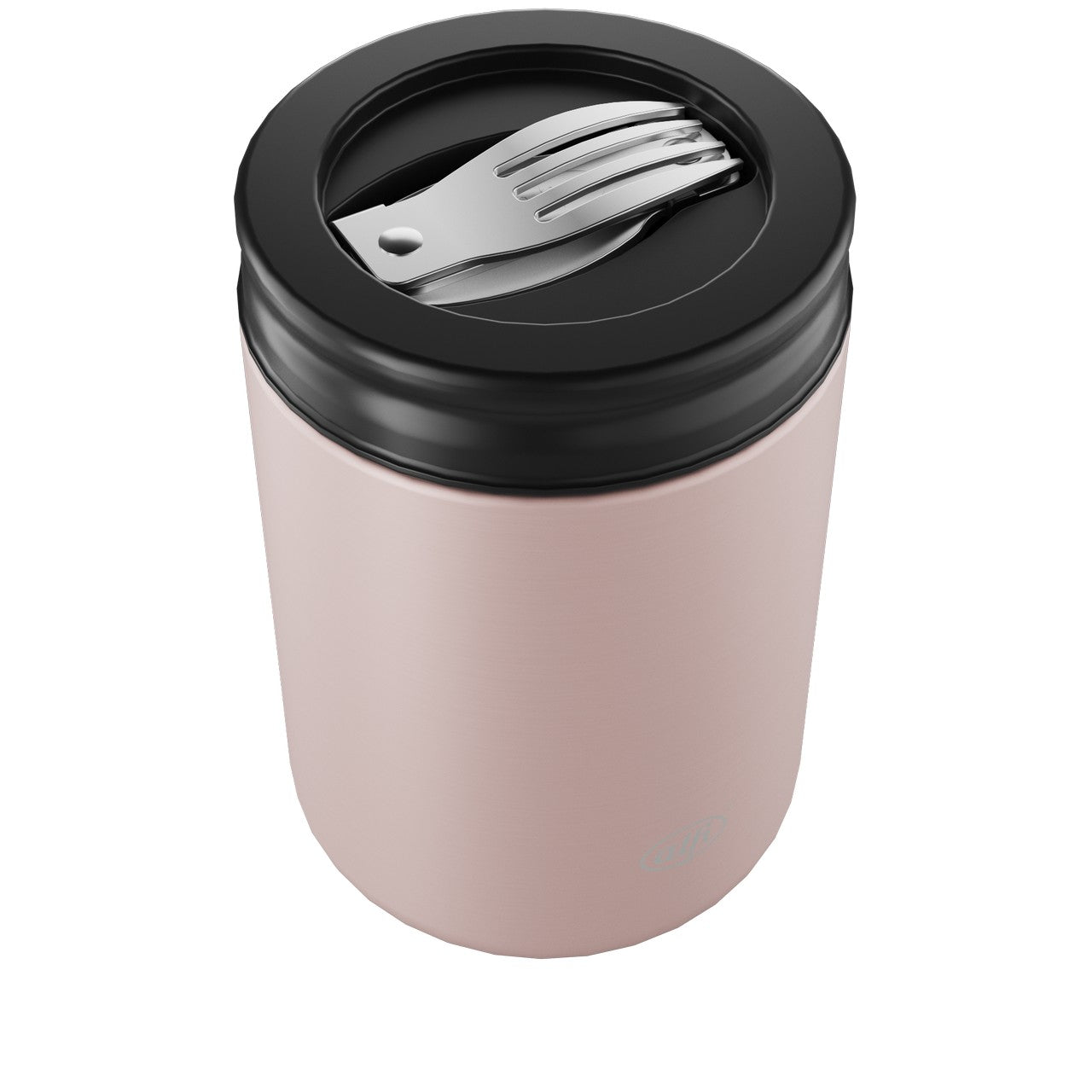 Das Bild zeigt einen hellrosa Thermobehälter mit einem schwarzen Deckel. In den Deckel ist ein Metallspork (eine Kombination aus Löffel und Gabel) integriert.