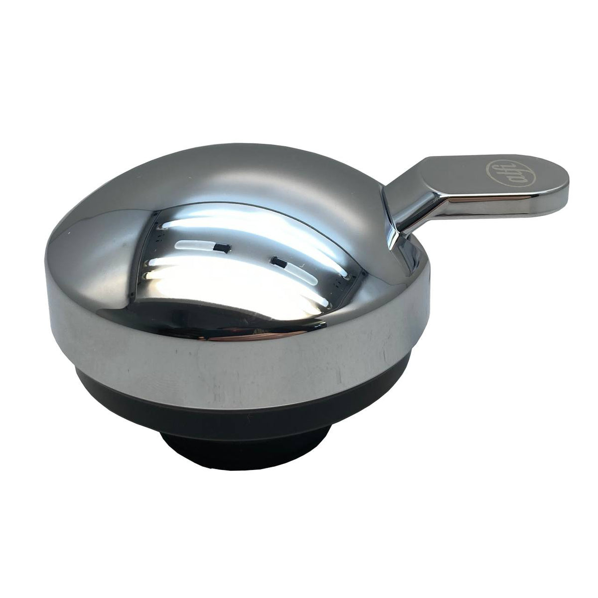 Das Bild zeigt einen glänzenden, metallischen Drehverschluss mit einem kleinen Hebel an der Seite. Der Verschluss hat eine runde, kuppelförmige Oberseite und sieht robust aus. Unterhalb der Metallkappe ist ein schwarzes Dichtungselement zu erkennen.