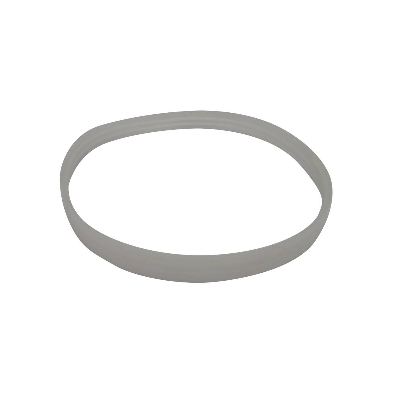 Das Bild zeigt ein einfaches, ovales Gummiband auf einem weißen Hintergrund. Es ist in einem flachen, ovalen Kreis gelegt und hat eine helle Farbe.