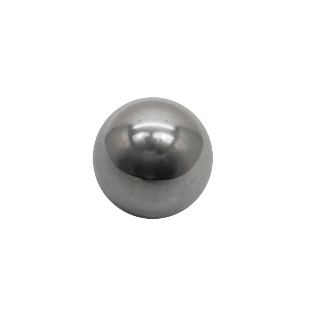 Das Bild zeigt eine glänzende, metallische Kugel auf weißem Hintergrund. Die Kugel reflektiert leicht ihre Umgebung.