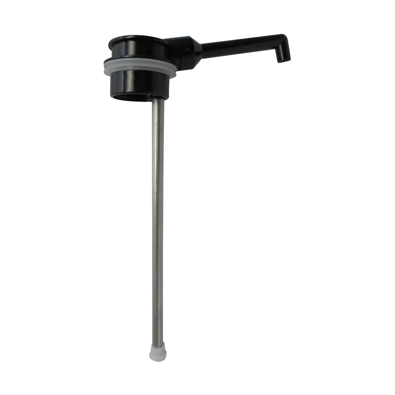 Das Bild zeigt eine schwarze Pumpe mit einem langen, schmalen Metallrohr und einem abgewinkelten Auslauf. Die Pumpe hat einen breiten Kragen mit einer grauen Dichtung. Sie wird häufig als Dosierpumpe für Flüssigkeiten verwendet.