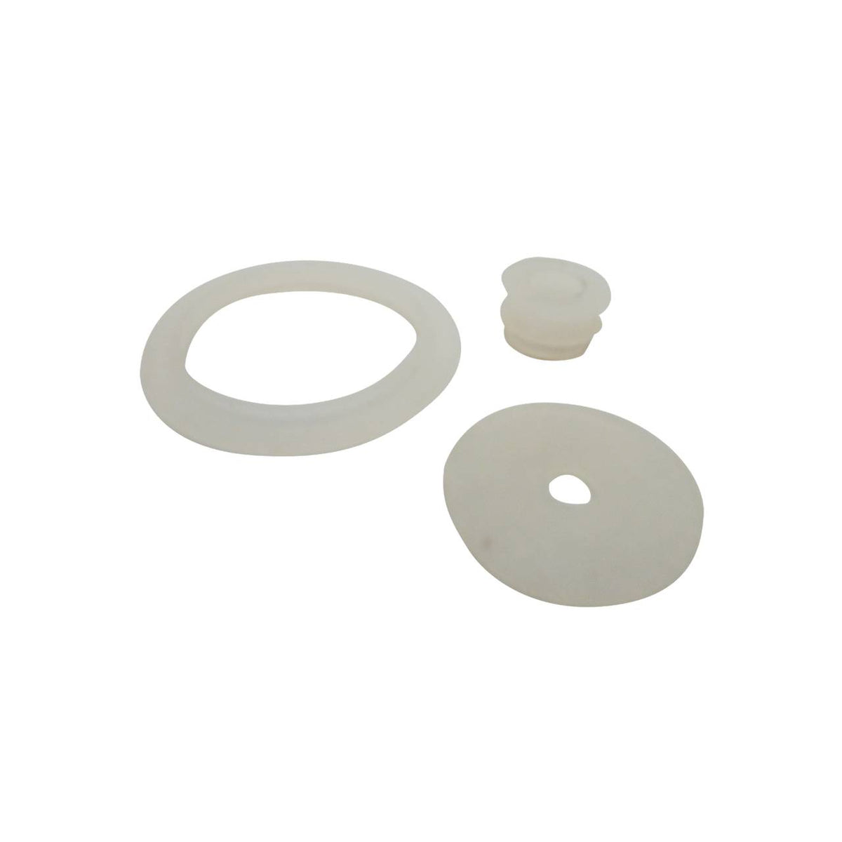 Das Bild zeigt drei weiße Gegenstände: einen flachen Ring, eine runde Scheibe mit Loch und ein kurzes zylinderförmiges Teil. Sie scheinen aus einem gummiartigen Material zu sein.
