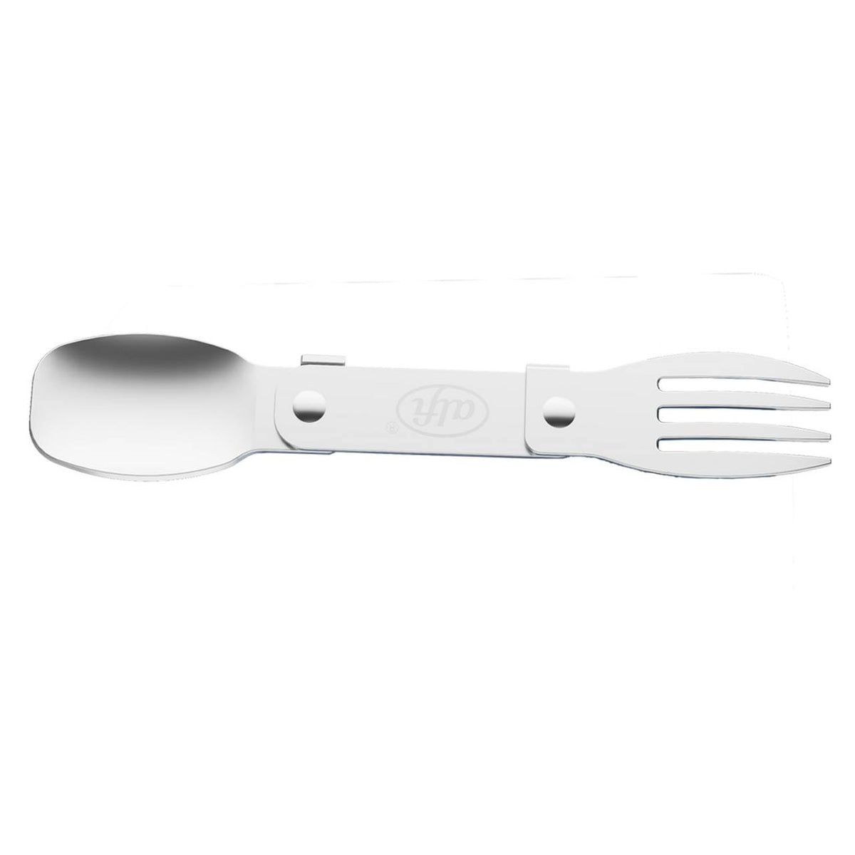 Das Bild zeigt einen Spork, ein kombiniertes Besteckstück aus Löffel und Gabel, aus Metall. Auf einer Seite befindet sich eine Löffelform, auf der anderen Seite drei Gabelzinken.